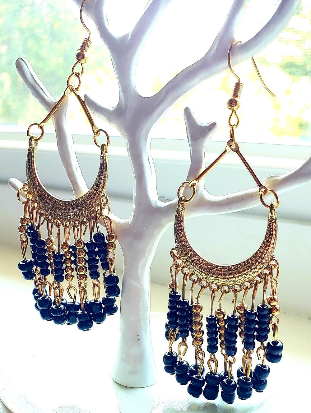 NEW Indian Gold & Black Chandelier Earrings, Gold French Wire, Rich & Intricate!